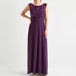 Brianna Milay Women's Applique Embroidered Sleeveless Evening Gown Eggplant 12